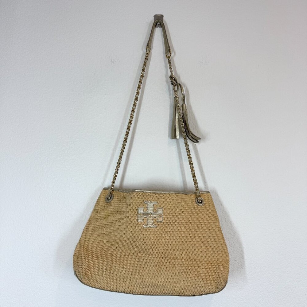 Tory Burch Woven Shoulder Bag Purse Tote Gold Accents Tassels Natural - Picture 2 of 15